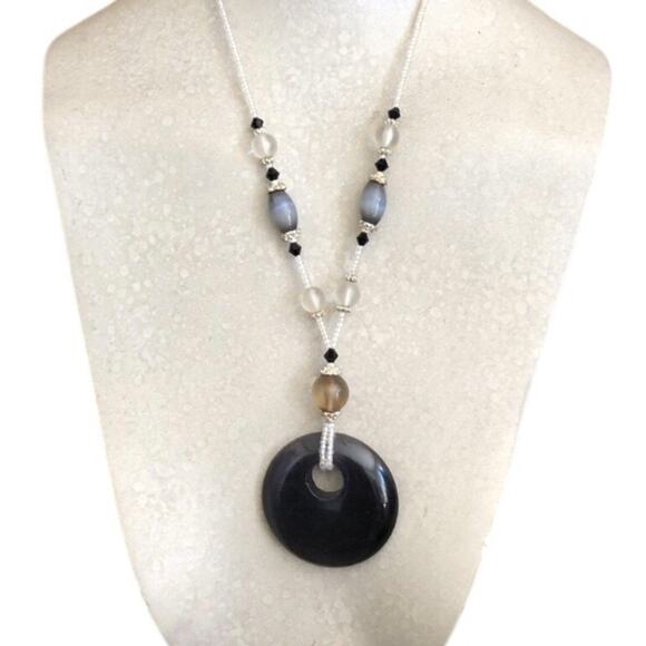 Vintage Black Flat Cutout Circle Black Clear Gray Silver Bead Statement Necklace - Picture 2 of 12